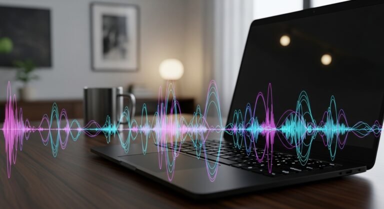holographic soundwave emerging from laptop screen for a blog article about ai voice editing