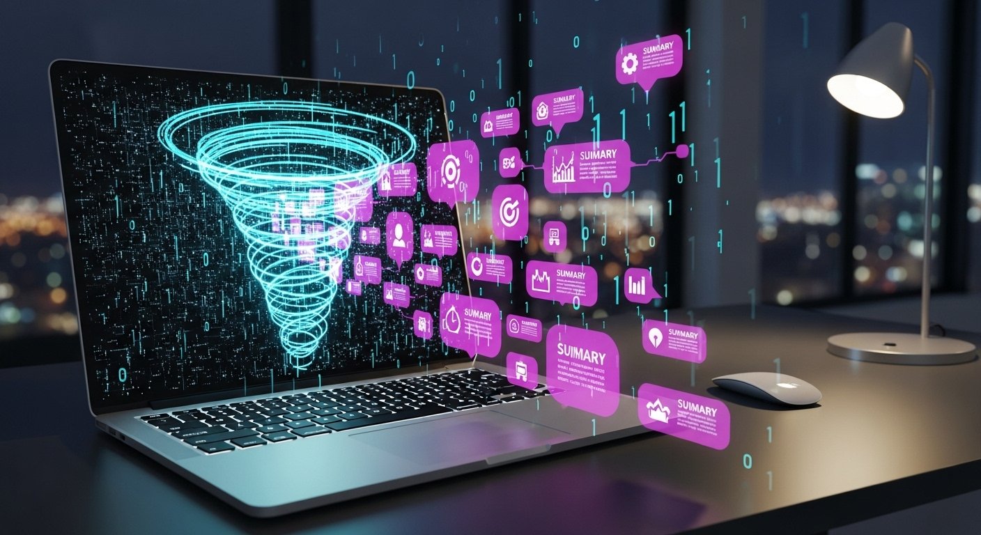 holographic summary card emerging from laptop screen for an article about email marketing automation