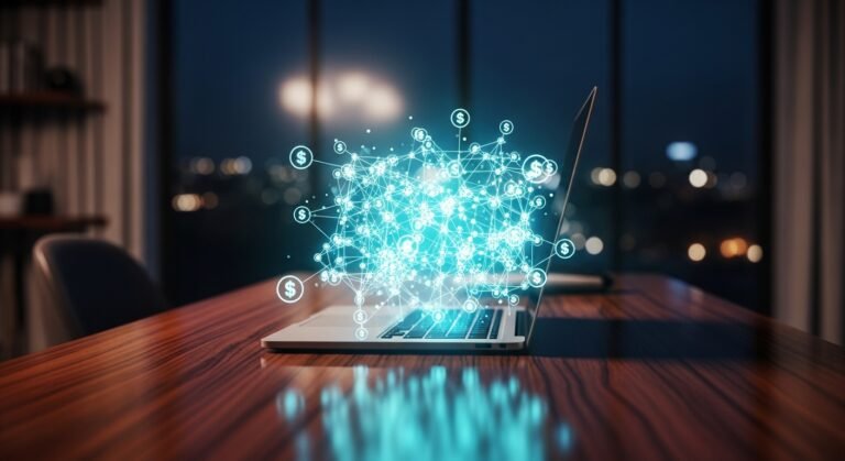 glowing holographic network of interconnected neon cyans nodes and lines emerging from laptop to represent faceless youtube channel monetization