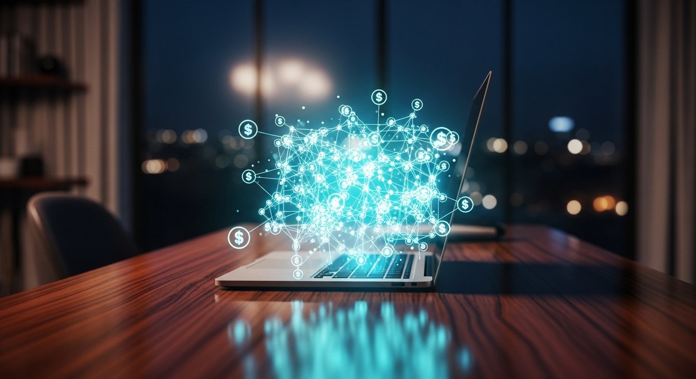 glowing holographic network of interconnected neon cyans nodes and lines emerging from laptop to represent faceless youtube channel monetization