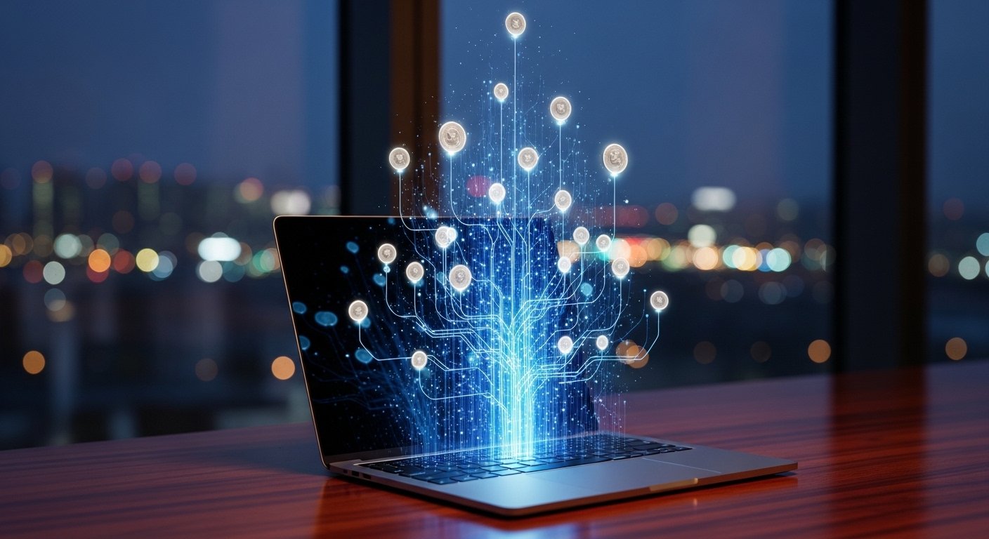 holographic lines representing interconnected nodes with coins emerging from laptop keyboard