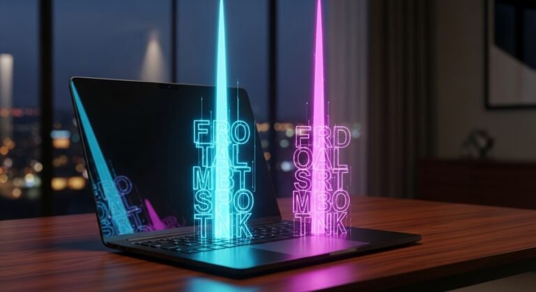 laptop with holographic copy emerging from keyboard for a review of ideogram and adobe firefly