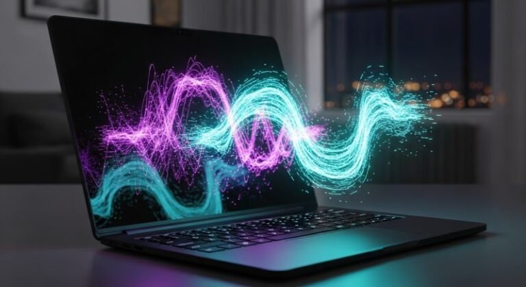holographic particules emerging from lapto screen for an atricle about kling ai and pika comparison