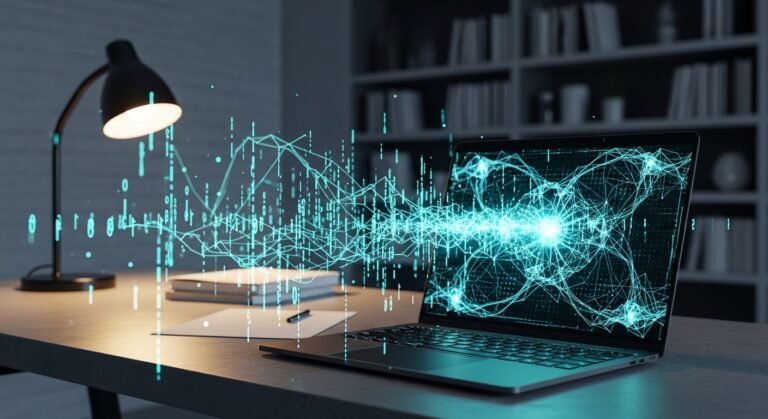 laptop with glowing cyan neural network that pulses with data streams fr blog article about local llm setup