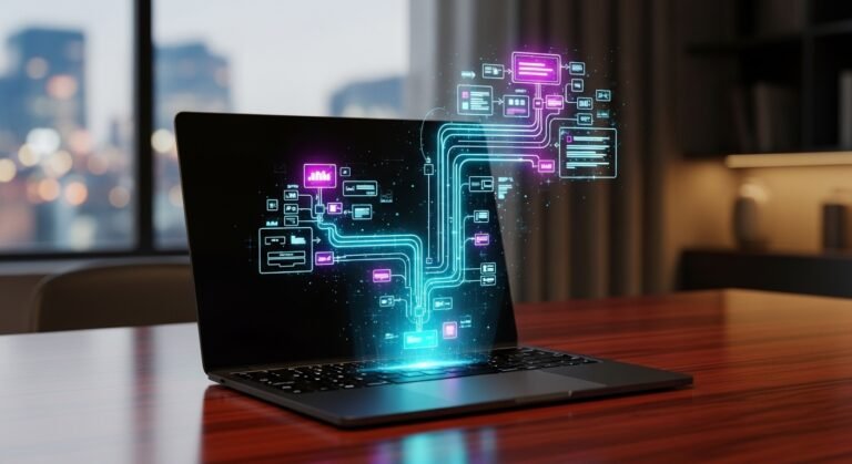 holographic flowchart branching out and intersecting emergeing from laptop