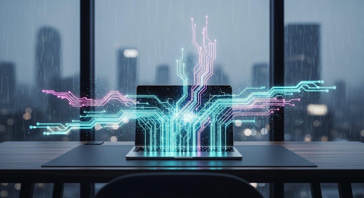 holographic circuit board patterns that emerge from laptop for a blog article about content creation scaling