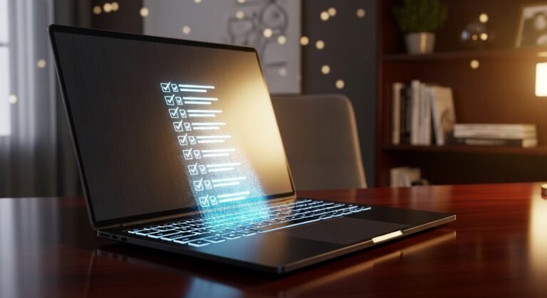 holographic checklist emerging from laptop keyboard for a SEO article for content creators