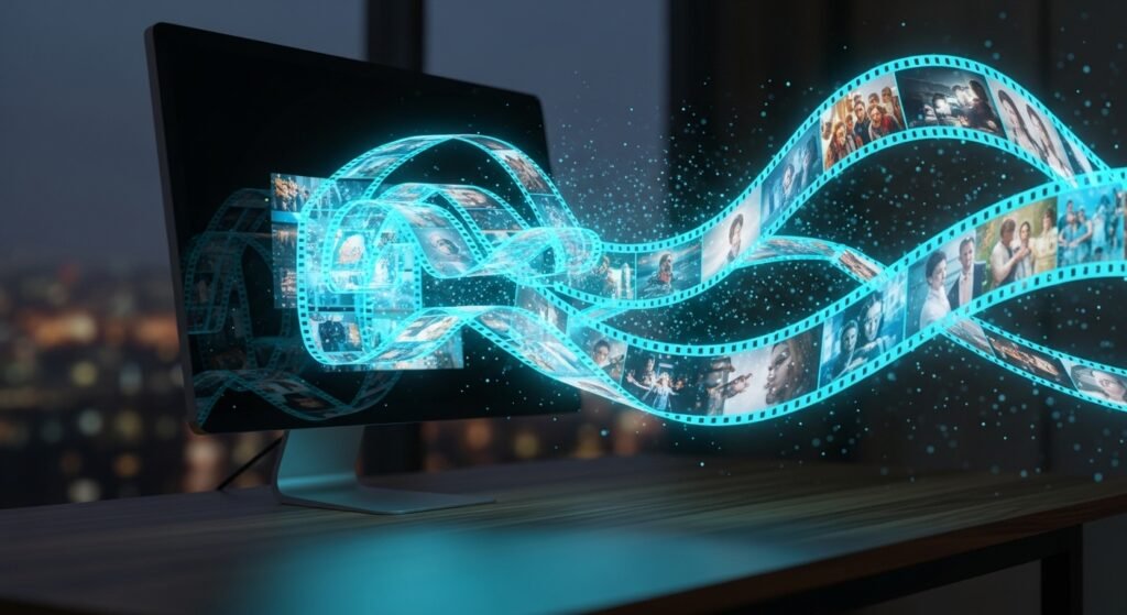 holographic movie strips emerging from computer moniotr