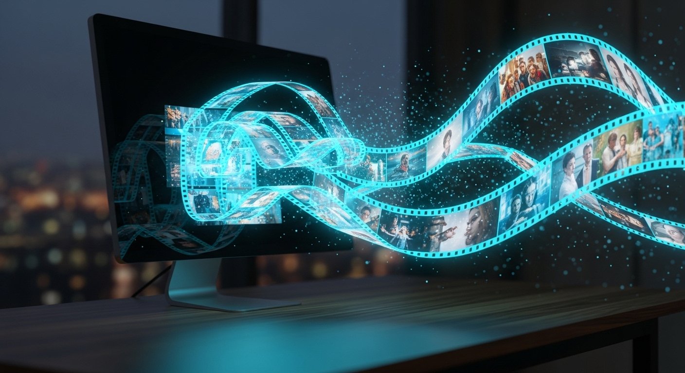 holographic movie strips emerging from computer moniotr