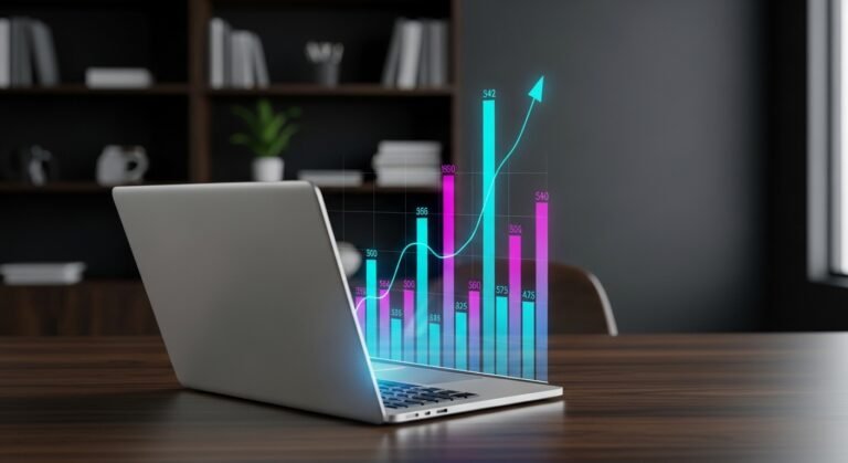 holographic growth graph displayed in front of laptop for a blog article about youtube sponsorship