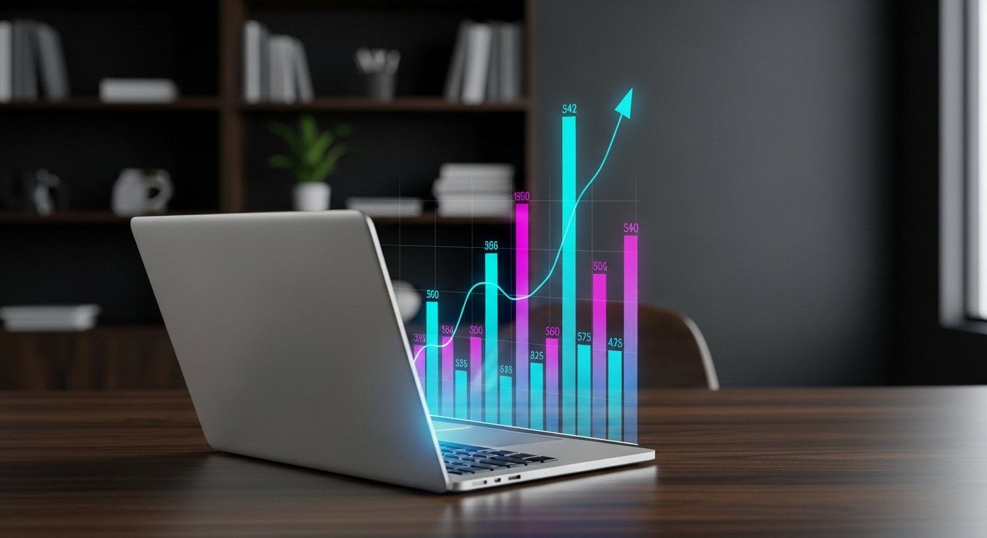 holographic growth graph displayed in front of laptop for a blog article about youtube sponsorship