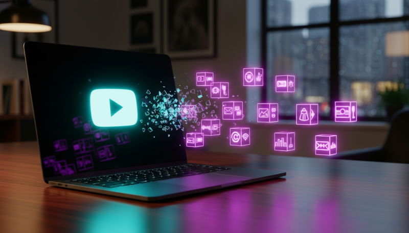 holographic visual assets emerging from laptop screen for an article about youtube video repurposing
