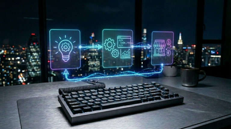 mechanical keyboard with holographic icons of ideation to monetization flow