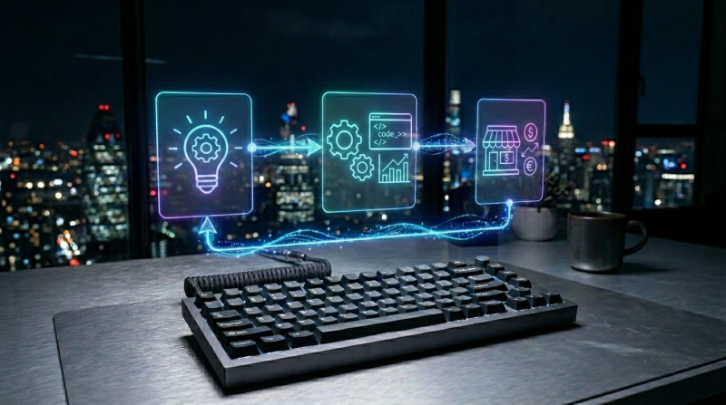 mechanical keyboard with holographic icons of ideation to monetization flow